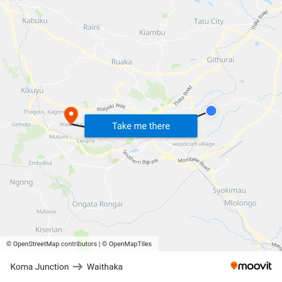 Koma Junction to Waithaka map
