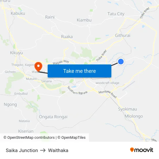 Saika Junction to Waithaka map