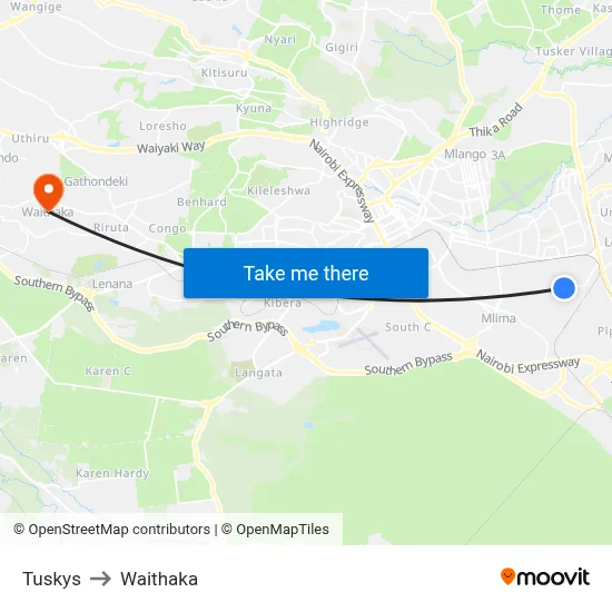 Tuskys to Waithaka map