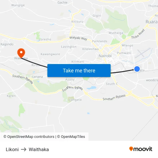 Likoni to Waithaka map