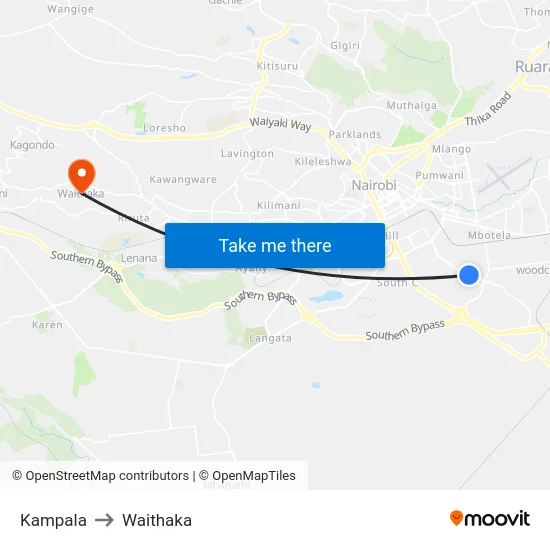 Kampala to Waithaka map