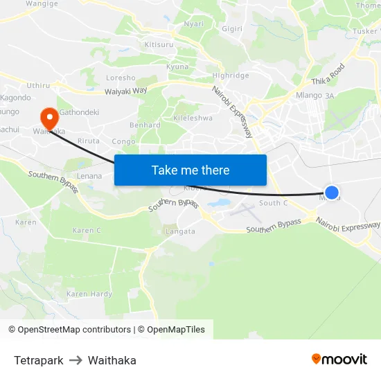 Tetrapark to Waithaka map