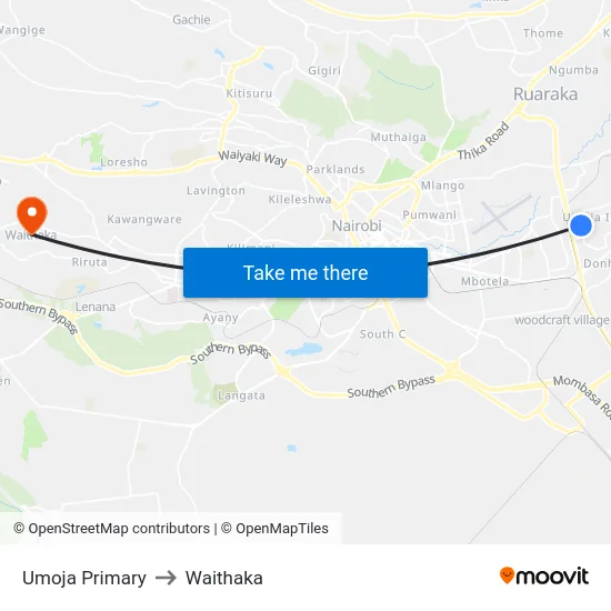 Umoja Primary to Waithaka map
