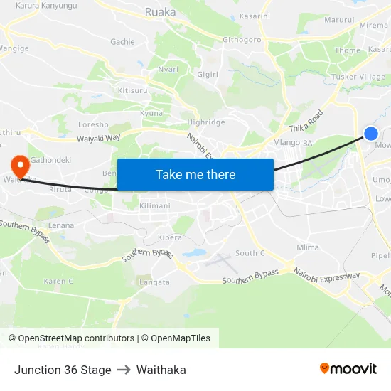Junction 36 Stage to Waithaka map