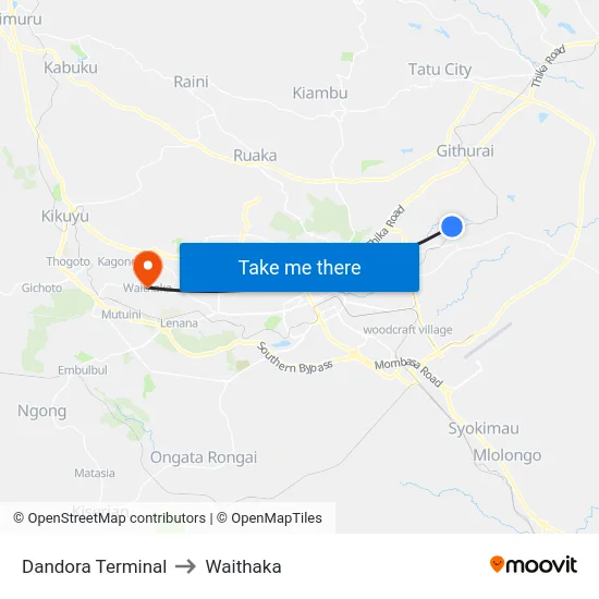 Dandora Terminal to Waithaka map