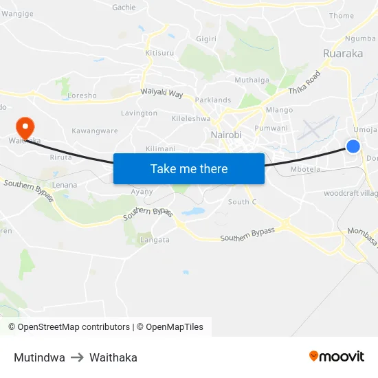 Mutindwa to Waithaka map