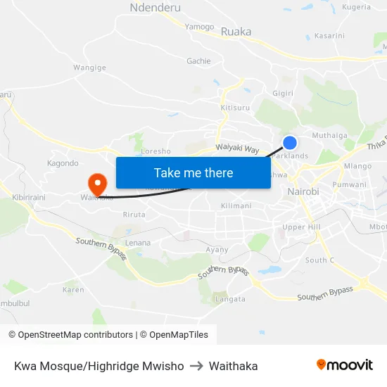 Kwa Mosque/Highridge Mwisho to Waithaka map