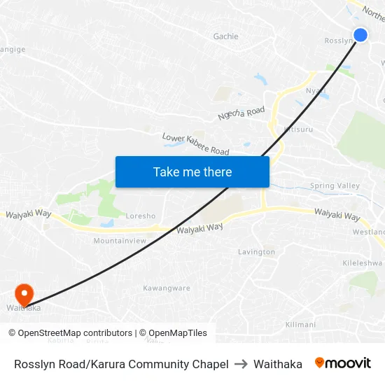 Rosslyn Road/Karura Community Chapel to Waithaka map