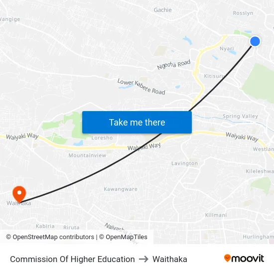 Commission Of Higher Education to Waithaka map