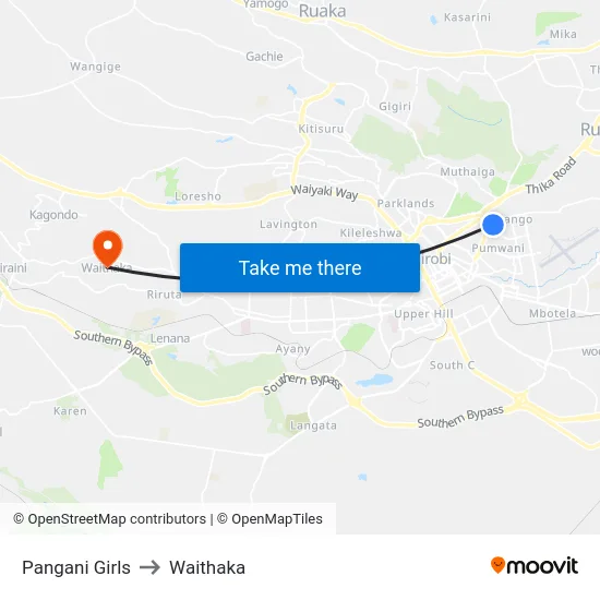 Pangani Girls to Waithaka map