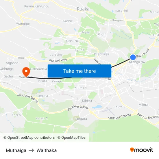 Muthaiga to Waithaka map