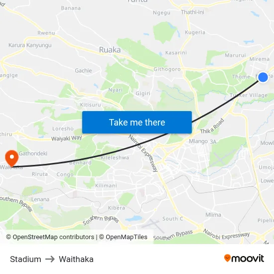 Stadium to Waithaka map