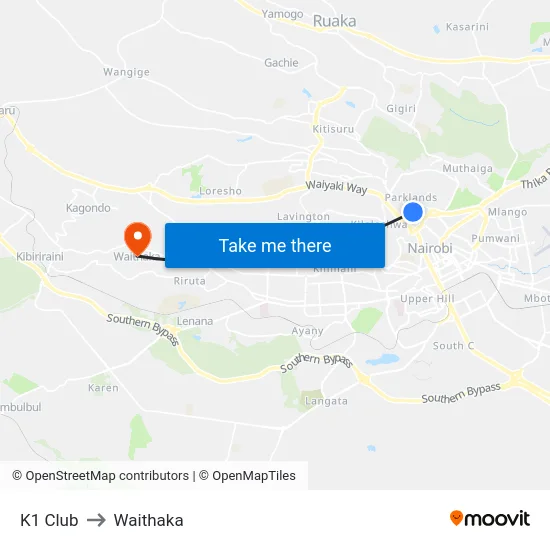 K1 Club to Waithaka map