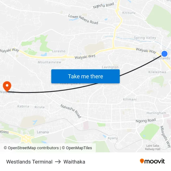 Westlands Terminal to Waithaka map