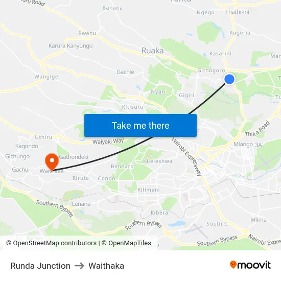 Runda Junction to Waithaka map