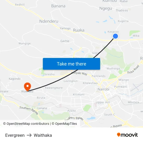Evergreen to Waithaka map