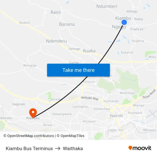Kiambu Bus Terminus to Waithaka map