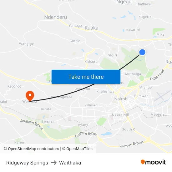 Ridgeway Springs to Waithaka map