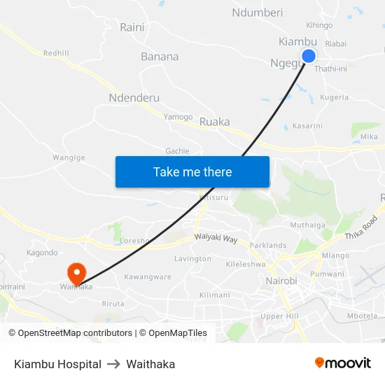 Kiambu Hospital to Waithaka map