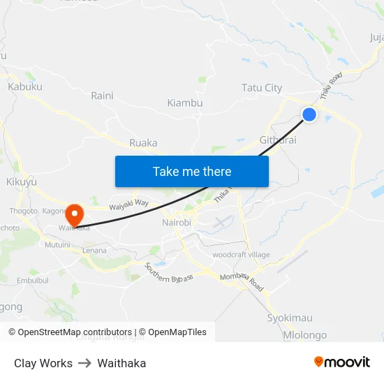 Clay Works to Waithaka map