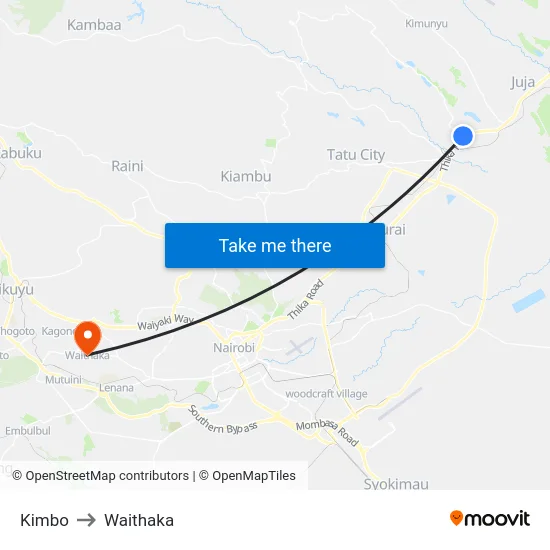 Kimbo to Waithaka map