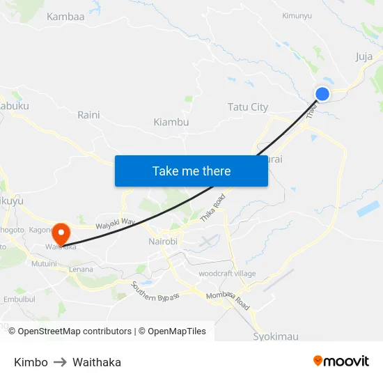 Kimbo to Waithaka map