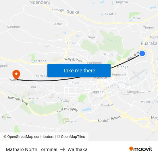 Mathare North Terminal to Waithaka map