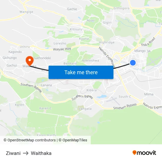 Ziwani to Waithaka map