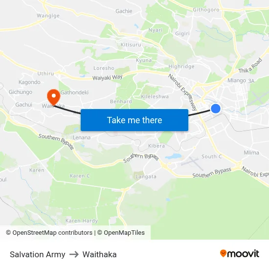 Salvation Army to Waithaka map