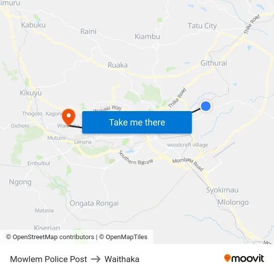 Mowlem Police Post to Waithaka map