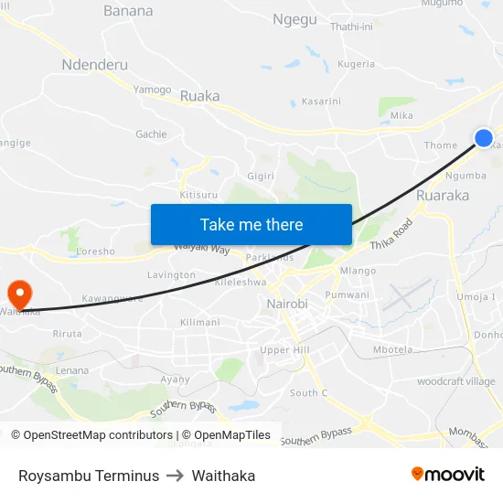 Roysambu Terminus to Waithaka map