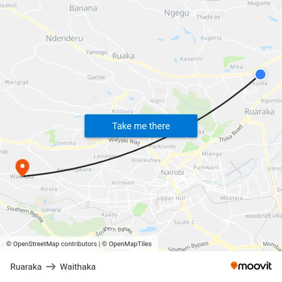 Ruaraka to Waithaka map