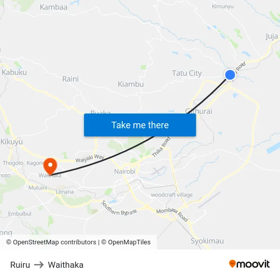 Ruiru to Waithaka map