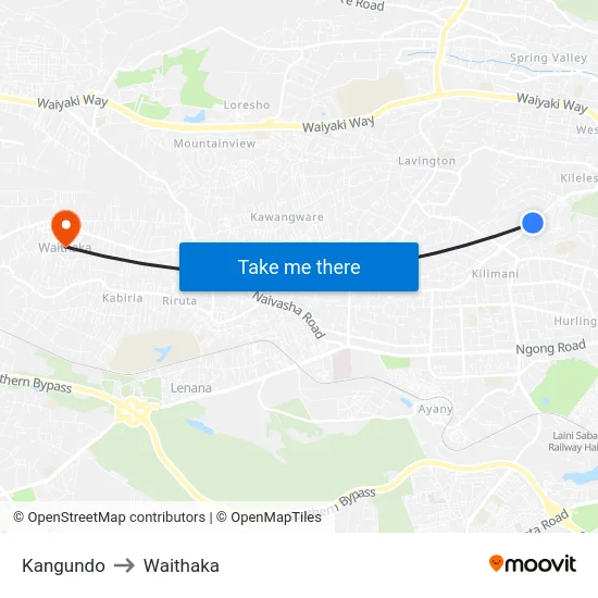 Kangundo to Waithaka map