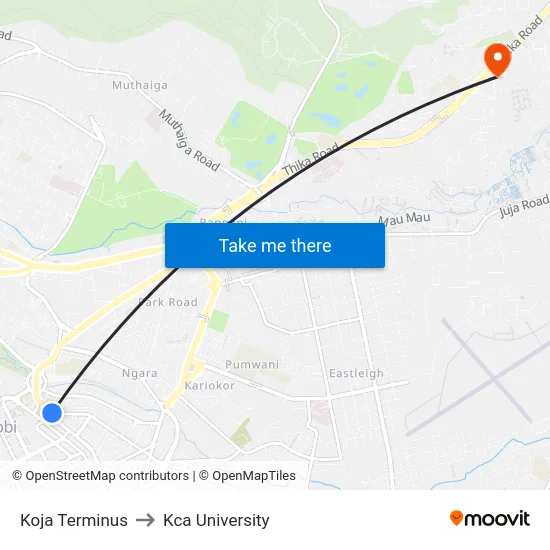 Koja Terminus to Kca University map