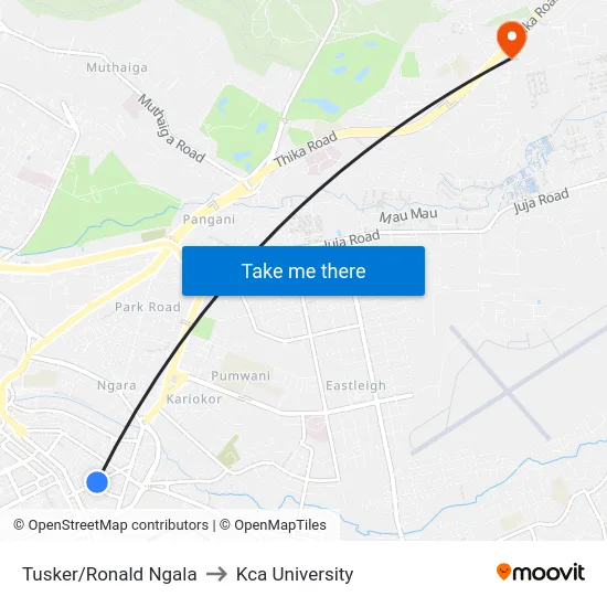 Tusker/Ronald Ngala to Kca University map