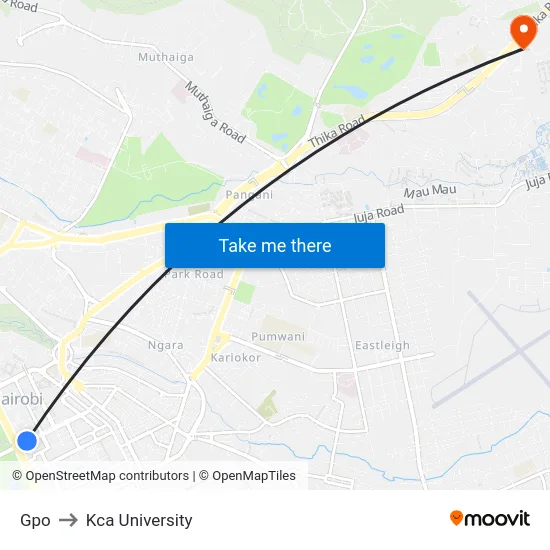 Gpo to Kca University map