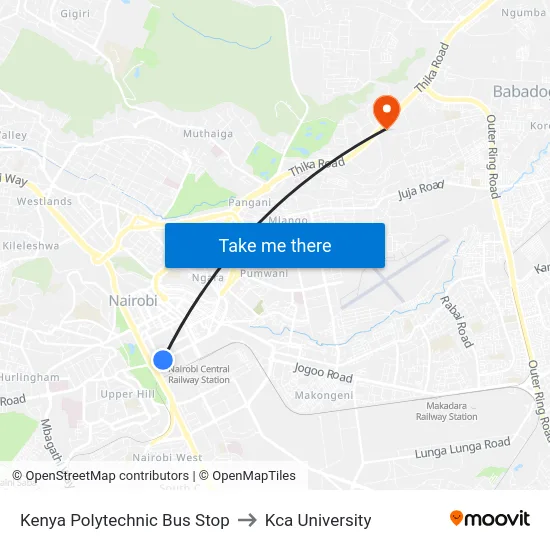 Kenya Polytechnic Bus Stop to Kca University map
