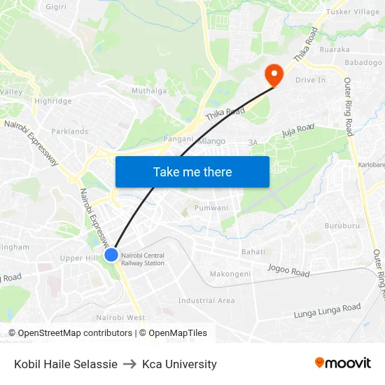 Kobil Haile Selassie to Kca University map
