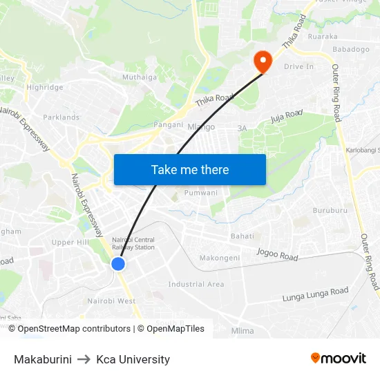 Makaburini to Kca University map