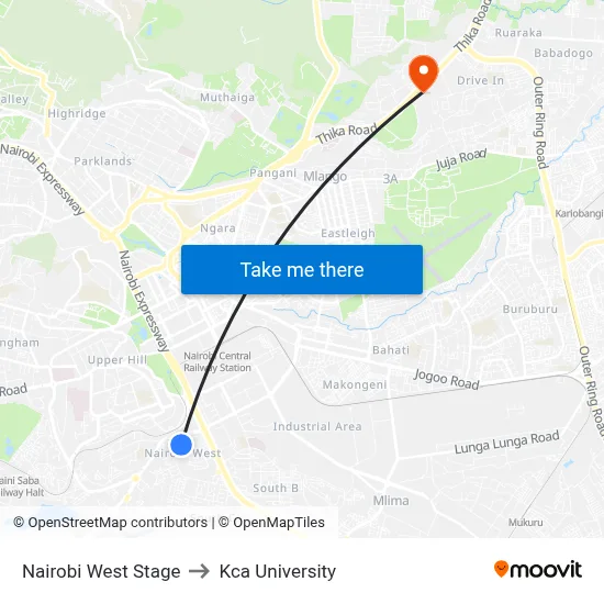 Nairobi West Stage to Kca University map