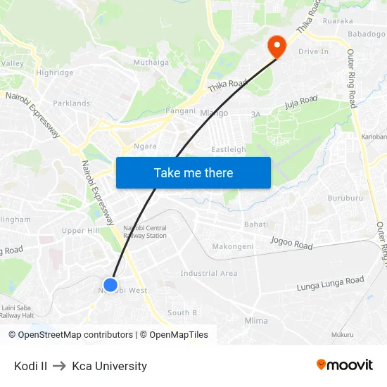 Kodi II to Kca University map