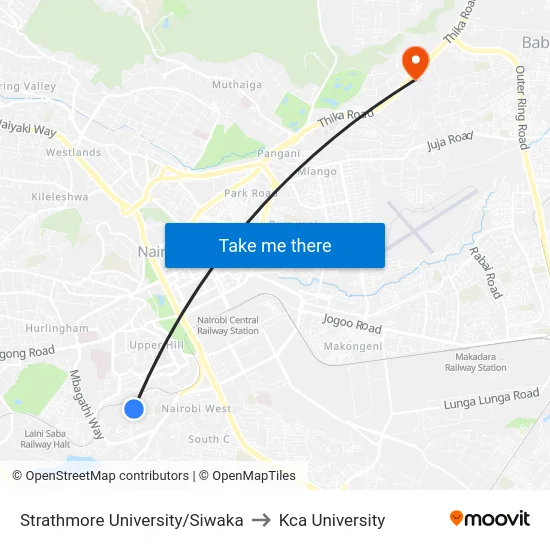 Strathmore University/Siwaka to Kca University map