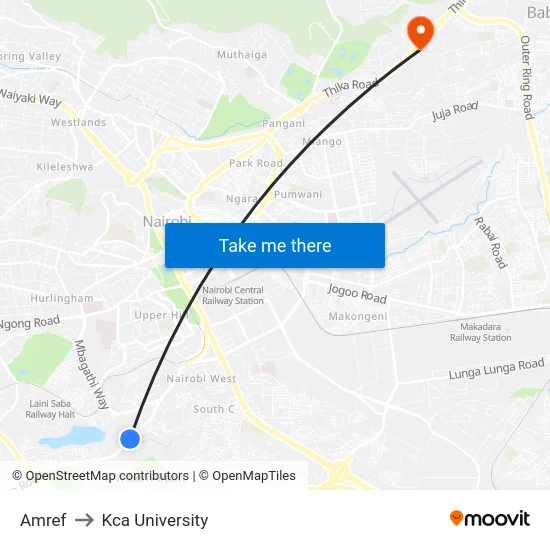 Amref to Kca University map
