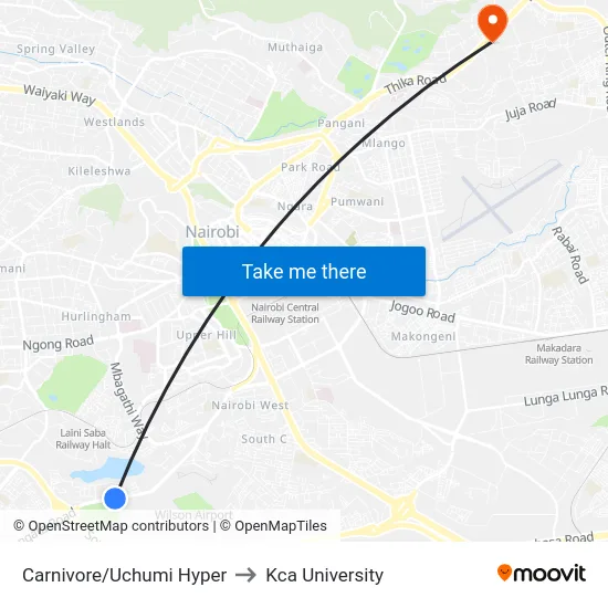 Carnivore/Uchumi Hyper to Kca University map