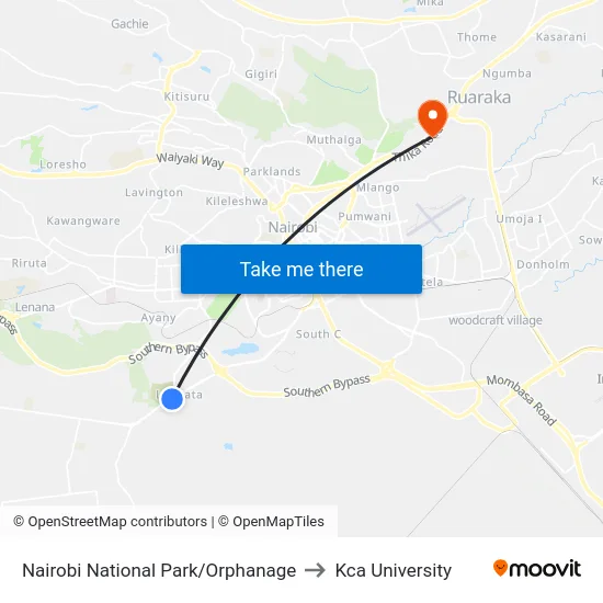 Nairobi National Park/Orphanage to Kca University map