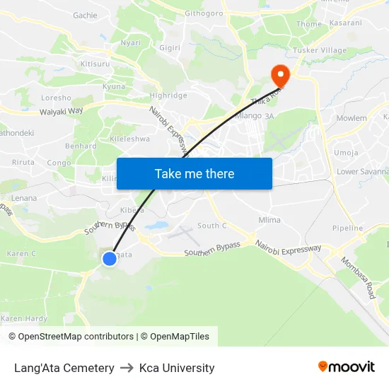 Lang'Ata Cemetery to Kca University map