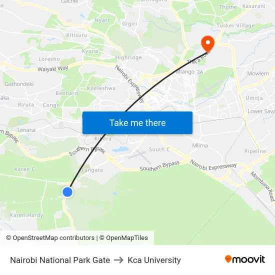Nairobi National Park Gate to Kca University map