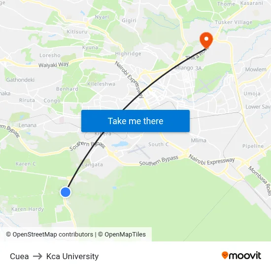 Cuea to Kca University map