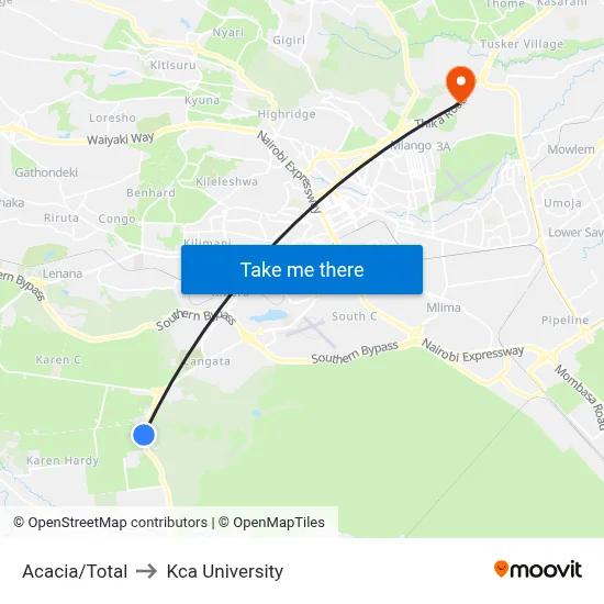 Acacia/Total to Kca University map